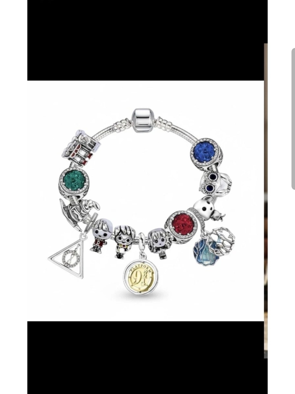Harry Potter Silver Charm Bracelet with Blue, Green, Red Accents